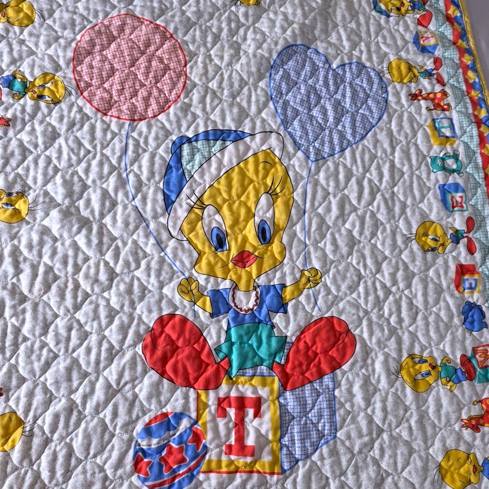 Vtg Warner Bros Tweety Bird Baby Quilt Blanket Block Balloon Looney Toon 88 READ